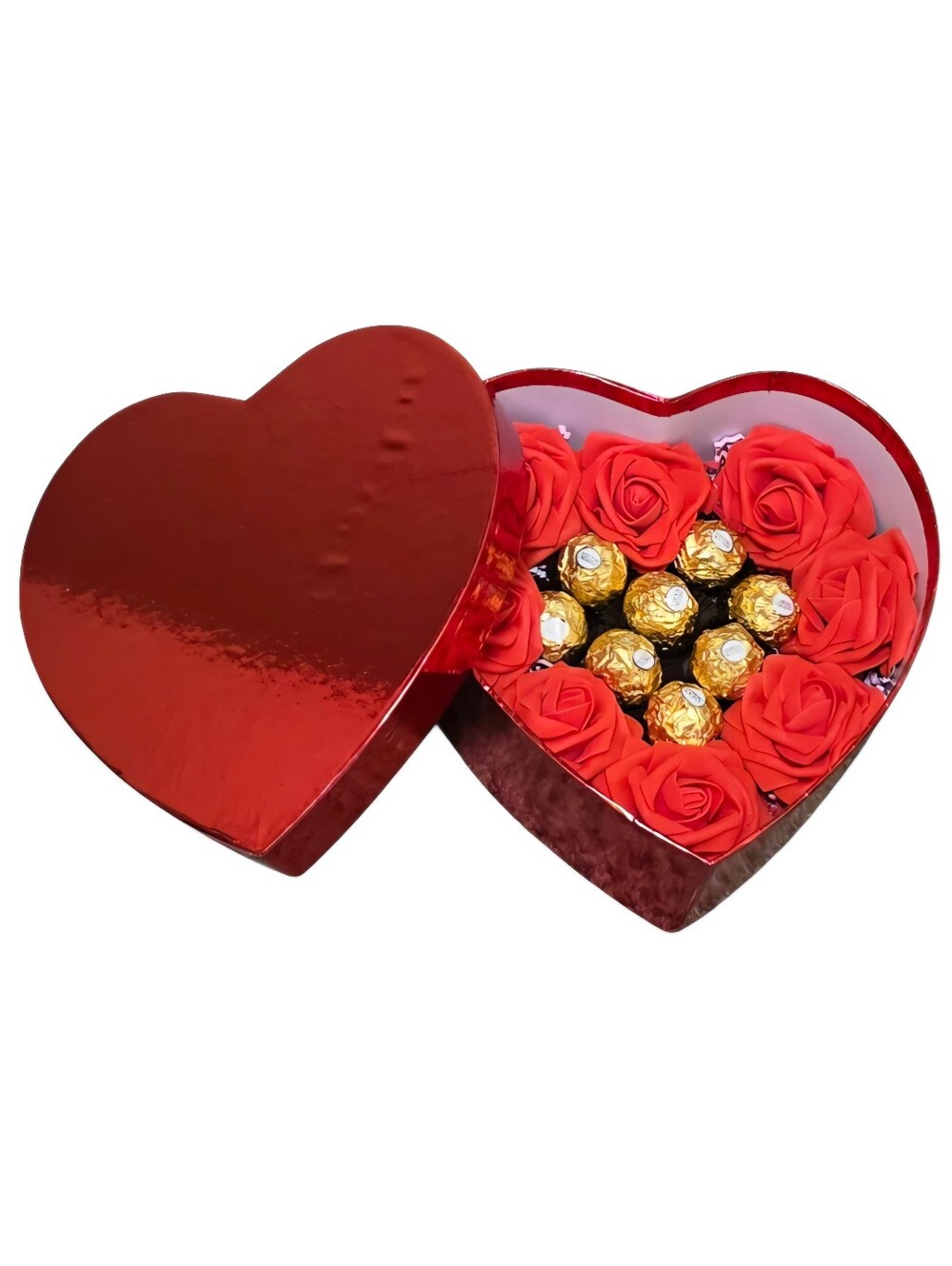 Floral arrangement with boxed chocolates, shape of heart, red flowers eternal